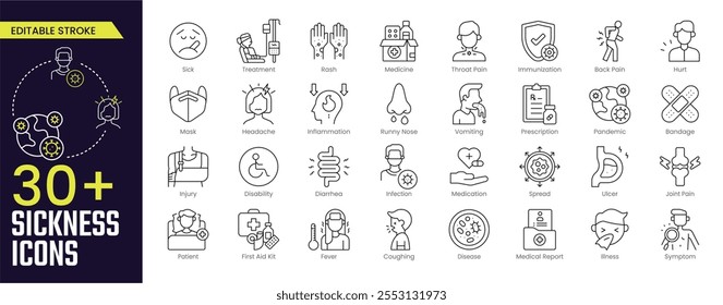 Sickness Stroke icon collections. Containing Sick, Treatment, Rash, Medicine, Immunisation, Back Pain, Joint Pain, First Aid, Coughing, and Fever icons. Editable Stroke icon collection Outline icon