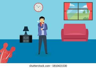 Sickness vector concept: Sick man coughing while standing at home