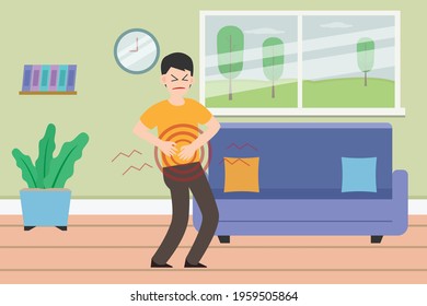 Sickness vector concept: Young man suffering stomachache at home while holding his belly