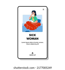 Sickness Woman Blow Nose In Handkerchief Vector. Sick Lady Sitting On Sofa Covered Plaid Blow Nose, Influenza Ill Or Virus Infection. Unhealthy Character Girl Web Flat Cartoon Illustration