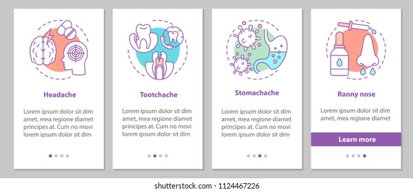 Sicknesses onboarding mobile app page screen with linear concepts. Headache, toothache, stomachache, runny nose steps graphic instructions. UX, UI, GUI vector template with illustrations