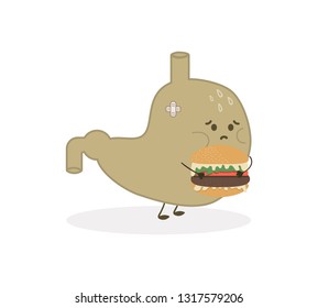 Sick/sad character with a hamburger. Human internal organs. Cute cartoon icon design. Healthy food nutrition, stomach concept,healthy lifestyle