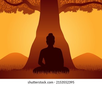 Siddhartha Gautama Meditation unter Bodhi Baum, Erleuchtung von Buddha. Vesak Day-Vektorgrafik