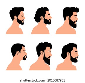 Side bearded face. Hairstyles and beards men profiles, caucasian portraits of manly handsome male persons, hairdresser man models