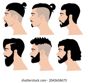 Side bearded face. Hairstyles and beards men profiles, caucasian portraits of manly handsome male persons, hairdresser man models. Modern men's haircuts, hairstyles, beard shapes. Hipster hairstyles