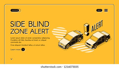 Side blind zone alert web banner, Internet site template with cars moving in traffic, one near other on dangerously small distance. Modern road safety assist, crash prevention technology landing page