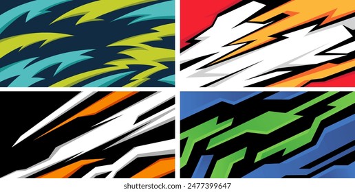 Conjunto de pegatinas gráficas del cuerpo lateral. Abstractas concepto de diseño de carreras. Conjunto de fondos abstractos para el tema deportivo. Elementos Grunge para el diseño de ropa deportiva. Diseño de envoltura de calcomanía de coche para motocicleta, barco, camión.