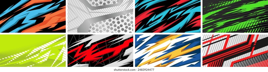 Side body graphic sticker set. Abstract racing design concept. Set of abstract backgrounds for sports theme. Grunge elements for sportswear design. Car decal wrap design.