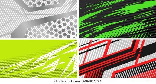 Seitlicher Körper grafisches Aufkleber-Set. Abstraktes Renndesign-Konzept. Set von abstrakten Hintergründen für Sport-Thema. Grunge Elemente für Sportbekleidung Design. Design der Autoaufkleberfolie.