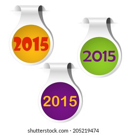 Side bookmarks green, yellow and purple shadowed on the white background happy new year. Vector illustration.