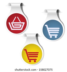 side bookmarks red, yellow and blue shadowed on the white background with icon of basket and cart