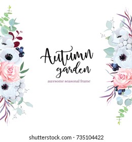 Side border frame with flowers and leaves. Pink rose, anemone, eucalyptus, agonis, brunia, black berry. Floral vector banner. Seasonal mood composition design. All elements are isolated and editable.