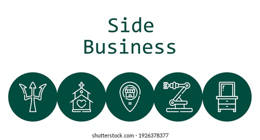side business background concept with side business icons. Icons related church, drawer, placeholder, poseidon, industrial robot