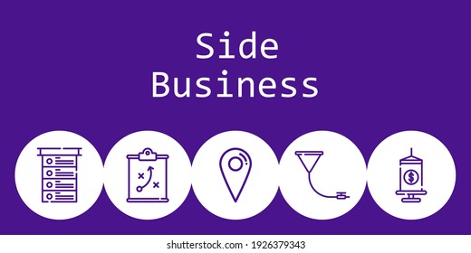 side business background concept with side business icons. Icons related funnel, location, funds, list, strategy