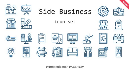 Side Business Icon Set. Line Icon Style. Side Business Related Icons Such As Newspaper, Sofa, Shop, Suitcase, Idea, Domotics, Scale, Pantone, Employee, Skills, Presentation, Candidates