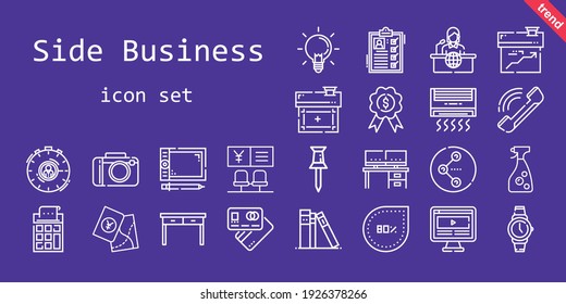 side business icon set. line icon style. side business related icons such as calculator, news report, ideas, list, house, debit card, computer, bank, library, graphic tablet, pin