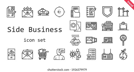 conjunto de iconos de negocio lateral. estilo de icono de línea. iconos relacionados con el negocio lateral como parada de autobús, búsqueda de empleo, taxi, escala, currículum, laptop, salario, imagen, planificación, seguridad, bar