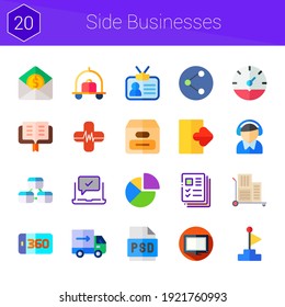 side businesses icon set. 20 flat icons on theme side businesses. collection of psd, moving truck, package, mail, 360 degrees, profiles, monitor, clock, laptop, packing