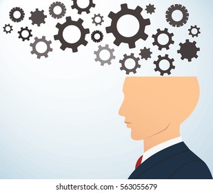 side businessman head with gears vector background.