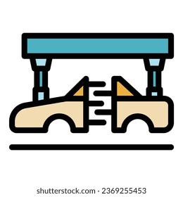 Vector de contorno del icono de impresión de coches lado a lado. Freno de producto. Color plano del motor de máquina