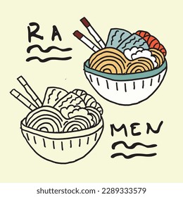 side by side colored ramen pictures and line art
