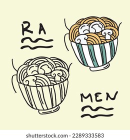 side by side colored ramen pictures and line art