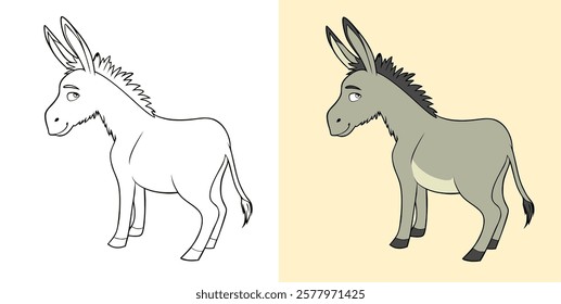 Side by Side Comparison of Donkey Illustration in Color and Outline Style