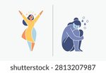Side by side comparison of a joyful active woman and a sad depressed woman, illustrating emotional state differences.