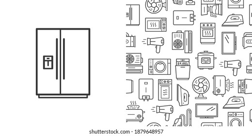 Side by side refrigerator icon and vector seamless pattern with household appliances. Line style icons isolated on white background