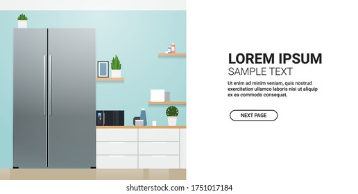 side by side refrigerator and microwave in modern kitchen interior home appliance concept horizontal copy space vector illustration