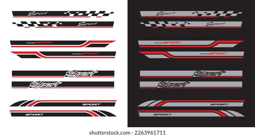 Decal de rayas vectoriales del cuerpo lateral del coche. Bandas de delimitación del vector del vehículo para ambas partes, bandas de rally de carreras, pegatinas de bandas de carreras automáticas