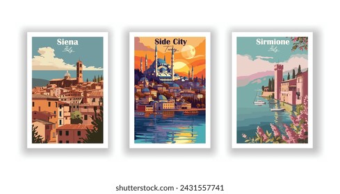 Side City, Turkey. Sirmione, Italy. Sirmione, Italy - Set of 3 Vintage Travel Posters. Vector illustration. High Quality Prints