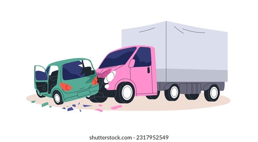 Side collision of two autos on road. Truck hitting and damaging passenger car in traffic accident. Transport vehicles crash, emergency situation. Flat vector illustration isolated on white background