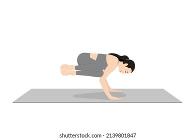 Side Crow Pose, Side Crane Pose. Beautiful girl practice Parsva Bakasana, Parsva Kakasana. Young attractive woman practicing yoga exercise. working out, black wearing sportswear, grey pants and top