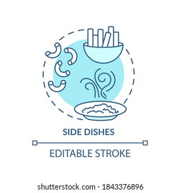 Side dishes concept icon. Main course meals addon types. Delicious cooking. Restaurant offers idea thin line illustration. Vector isolated outline RGB color drawing. Editable stroke