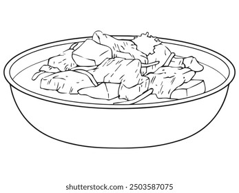 Side dishes on a plate. Illustration in outline and vector format.