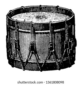 Side Drum is a military drum, and is used in all rhythmic figures by means of alternate simultaneous beatings with two drumsticks, vintage line drawing or engraving illustration.