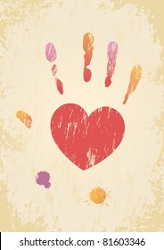 Side effect of ?reative activity. Vector image of grunge page with the heart-shaped hand print and color spatters.