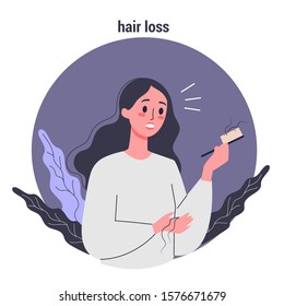 Side Effects Of Chemotherapy Concept. Patient Suffer From Cancer Disease. Female Character Suffering From Hair Loss. Vector Illustration In Cartoon Style