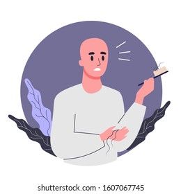 Side Effects Of Chemotherapy Concept. Patient Suffer From Cancer Disease. Male Character Suffering From Hair Loss. Vector Illustration In Cartoon Style