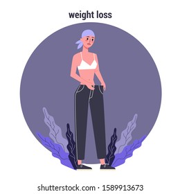 Side effects of chemotherapy. Patient suffer from cancer disease. Female loosing her weight. Vector illustration in cartoon style