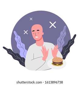 Side Effects Of Chemotherapy. Patient Suffer From Cancer Disease. Man Lost His Appetite. Vector Illustration In Cartoon Style