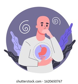 Side Effects Of Chemotherapy. Patient Suffer From Cancer Disease. Male Character With Nausea. Vector Illustration In Cartoon Style