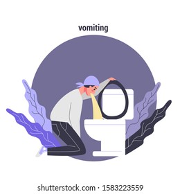 Side Effects Of Chemotherapy Set. Patient Suffer From Cancer Disease. Female Vomiting In Toilet Bowl. Vector Illustration In Cartoon Style