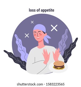 Side Effects Of Chemotherapy Set. Patient Suffer From Cancer Disease. Female Lost Her Appetite. Vector Illustration In Cartoon Style