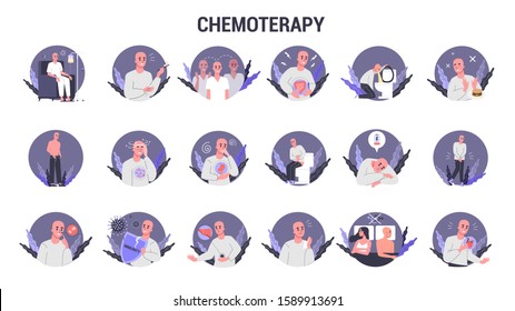 Side effects of chemotherapy set. Patient suffer from cancer disease. Male character suffering from chemo treatment. Hair loss and nausea. Vector illustration in cartoon style