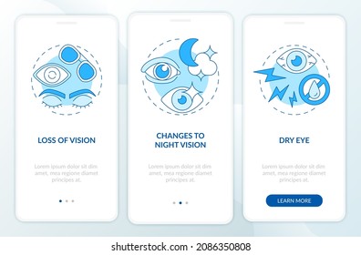 Side effects of lasery surgery onboarding mobile app page screen. Operation walkthrough 3 steps graphic instructions with concepts. UI, UX, GUI vector template with linear color illustrations