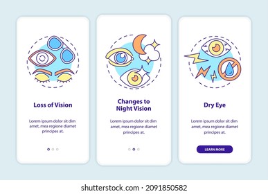 Side effects onboarding mobile app page screen. Eye surgery risks walkthrough 3 steps graphic instructions with concepts. UI, UX, GUI vector template with linear color illustrations