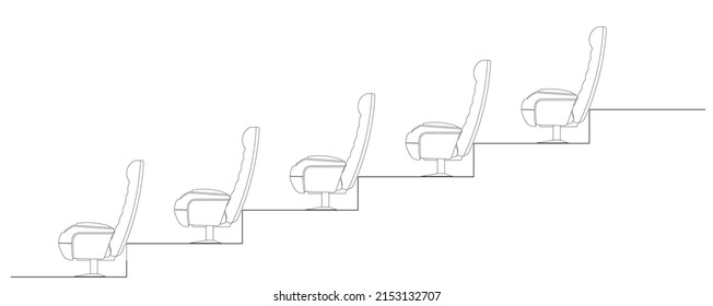 Side elevation of an auditorium or cinema seats installed on the terraced floor to provide a clear view to the audience. 2D CAD drawing in black and white.