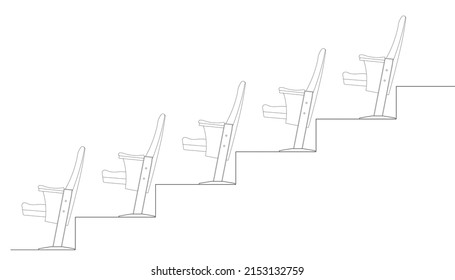 Side elevation of an auditorium or cinema seats installed on the terraced floor to provide a clear view to the audience. 2D CAD drawing in black and white.